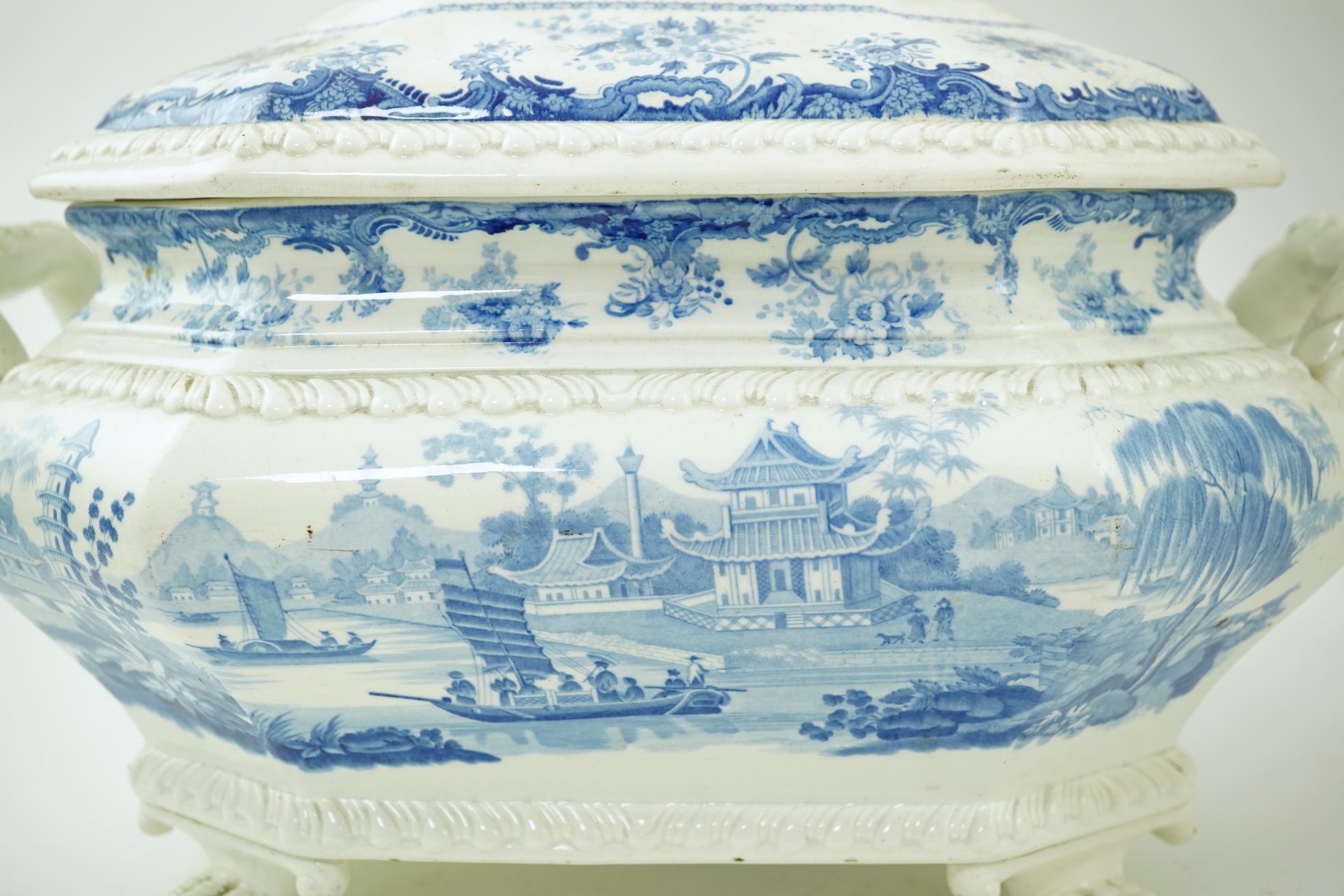A large Staffordshire blue and white Chinese Marine pattern soup tureen, mid 19th century